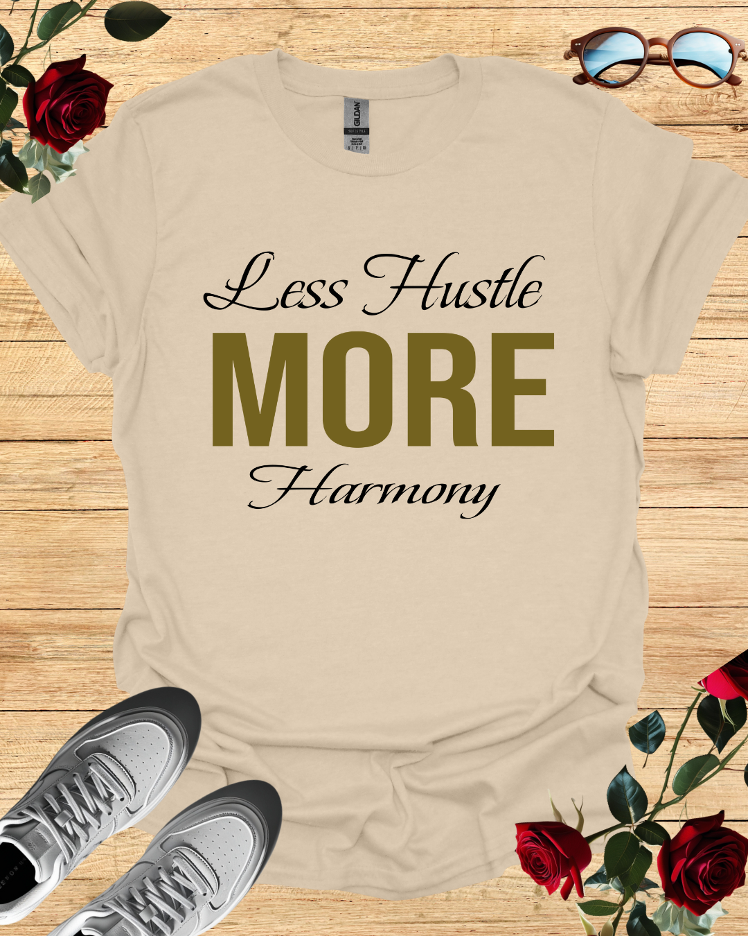Less Hustle More Harmony – Mindfulness Quote Shirt (Short & Long Sleeve) Printify