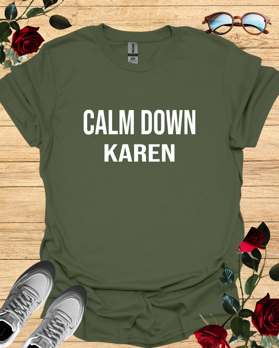 Calm Down Karen – Bold T-Shirt in Long & Short Sleeve Styles Printify