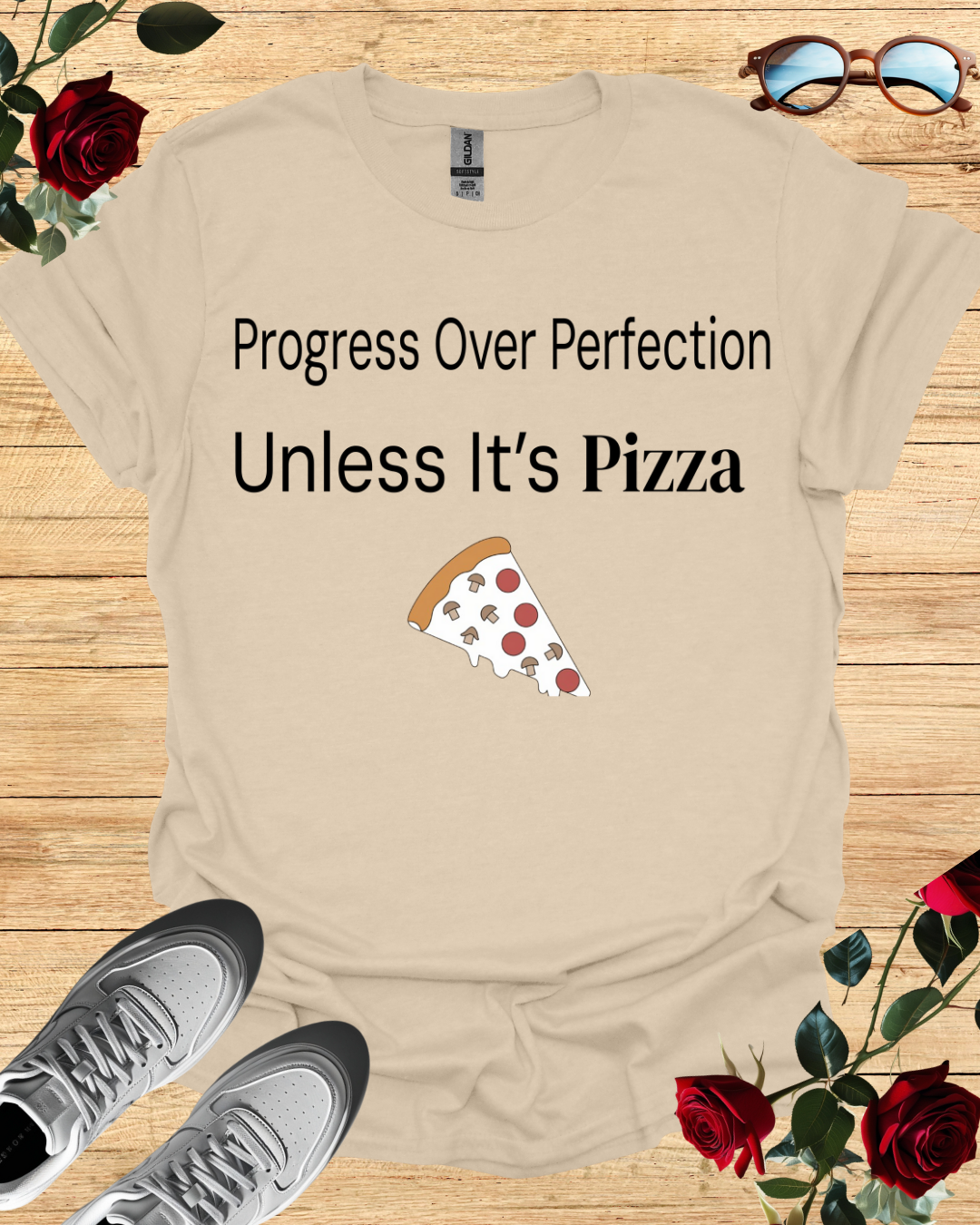 Progress Over Perfection Pizza Quote T-Shirt (Long & Short Sleeve) Printify