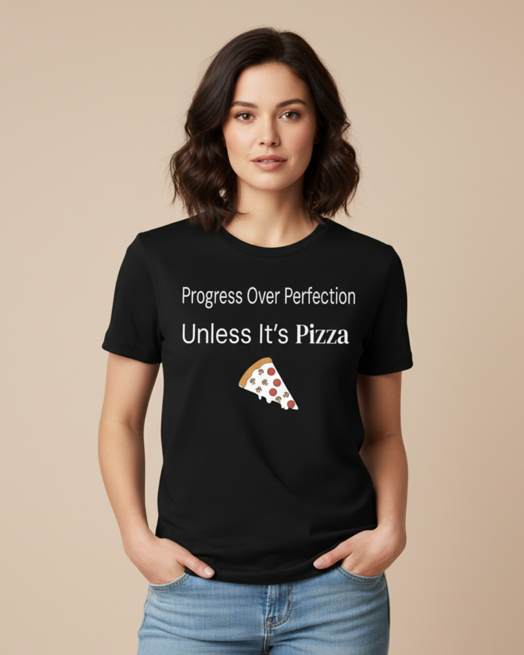 Progress Over Perfection Pizza Quote T-Shirt (Long & Short Sleeve)