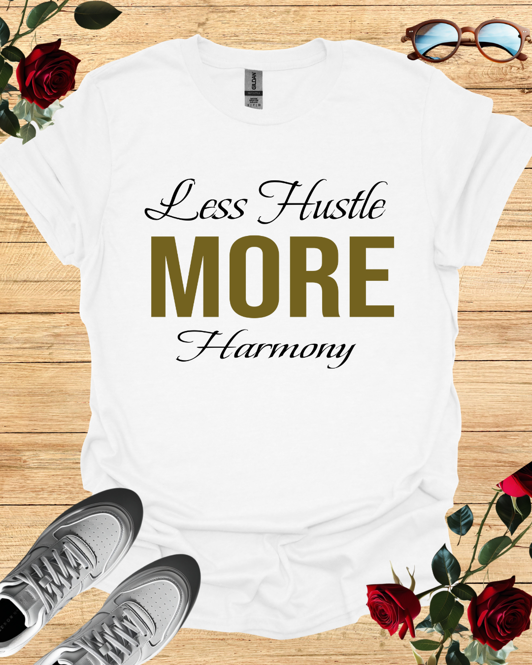 Less Hustle More Harmony – Mindfulness Quote Shirt (Short & Long Sleeve) Printify