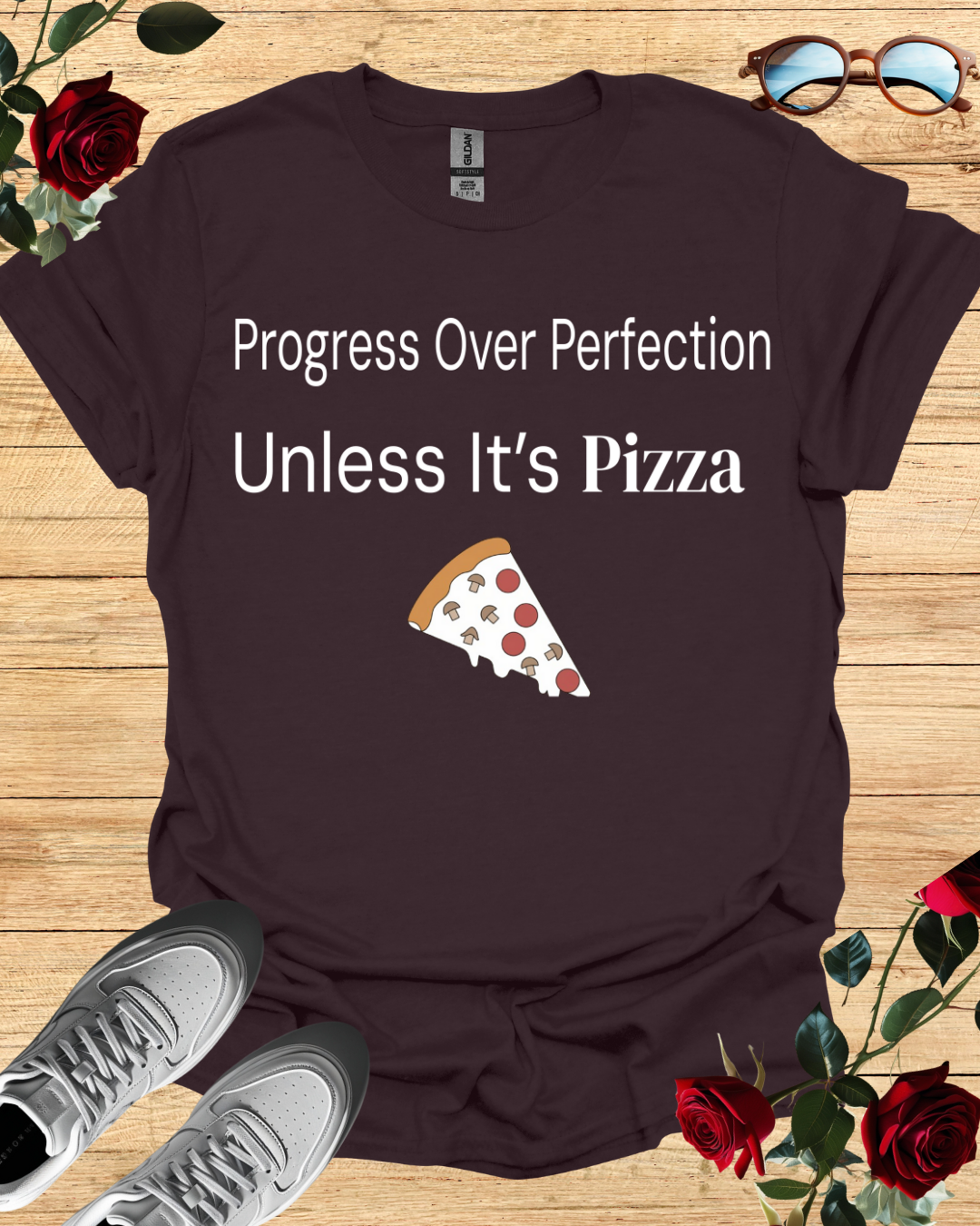Progress Over Perfection Pizza Quote T-Shirt (Long & Short Sleeve) Printify