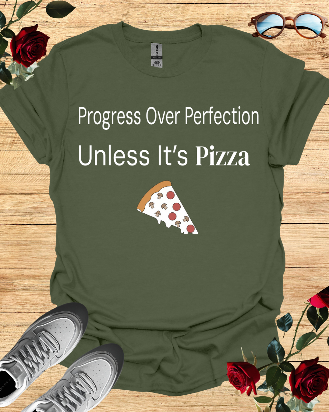 Progress Over Perfection Pizza Quote T-Shirt (Long & Short Sleeve) Printify