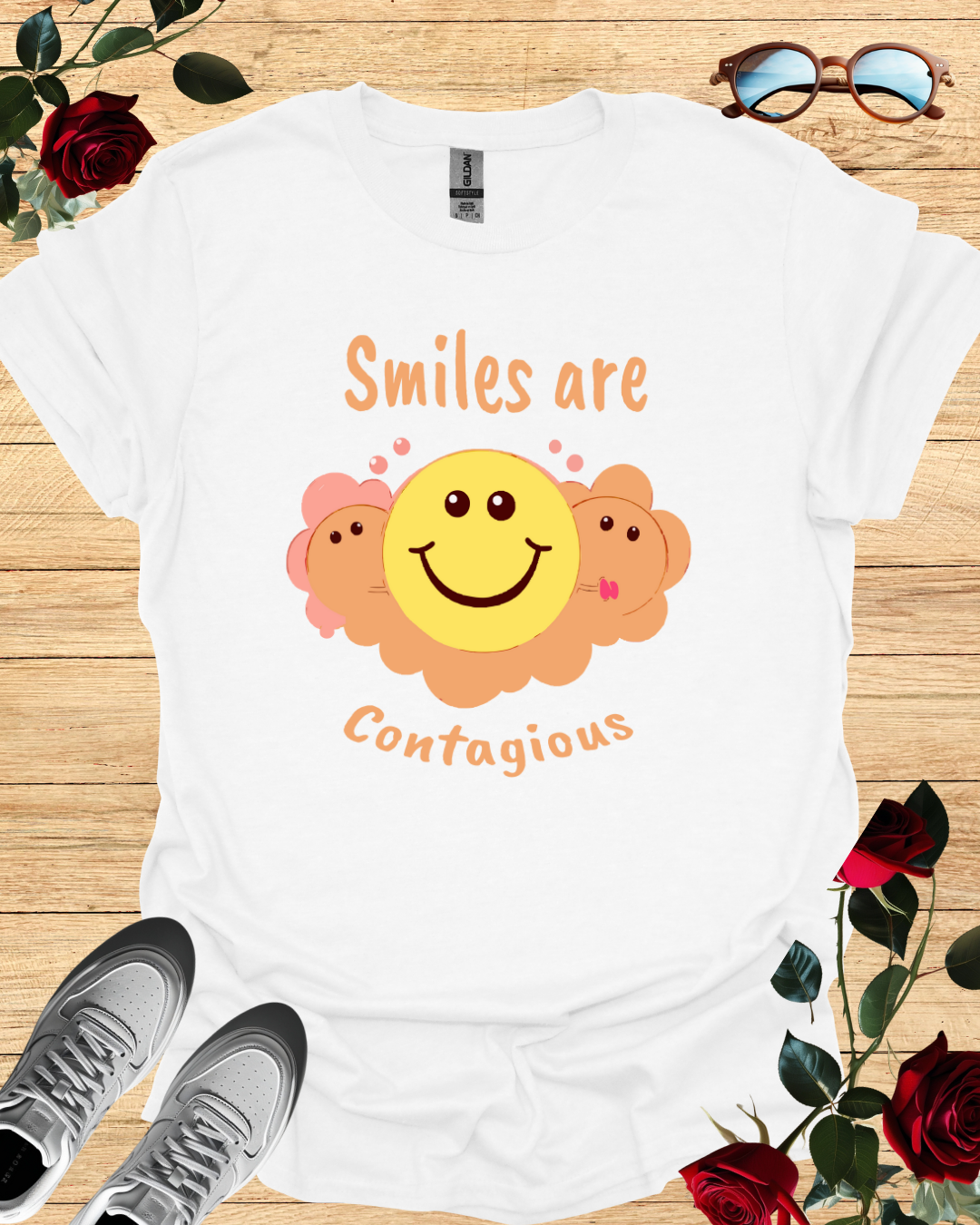Smile Are Contagious shirt – positive message long sleeve t-shirt, short sleeved t-shirt, and casual shirt styles

