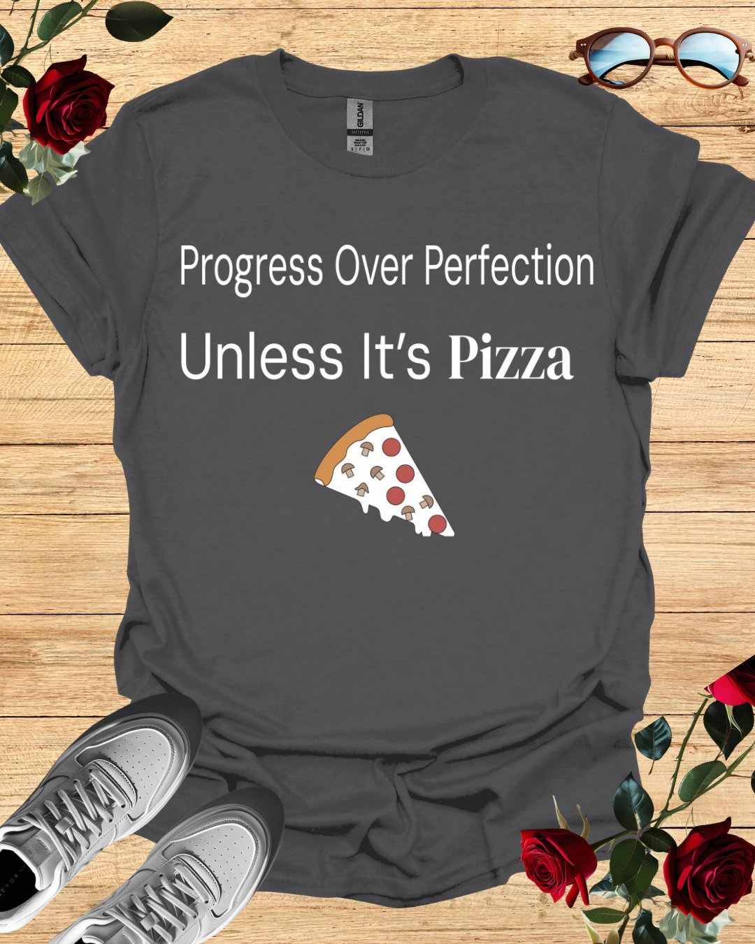 Progress Over Perfection Pizza Quote T-Shirt (Long & Short Sleeve) Printify
