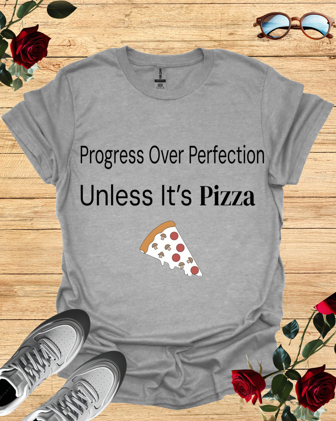 Progress Over Perfection Pizza Quote T-Shirt (Long & Short Sleeve) Printify